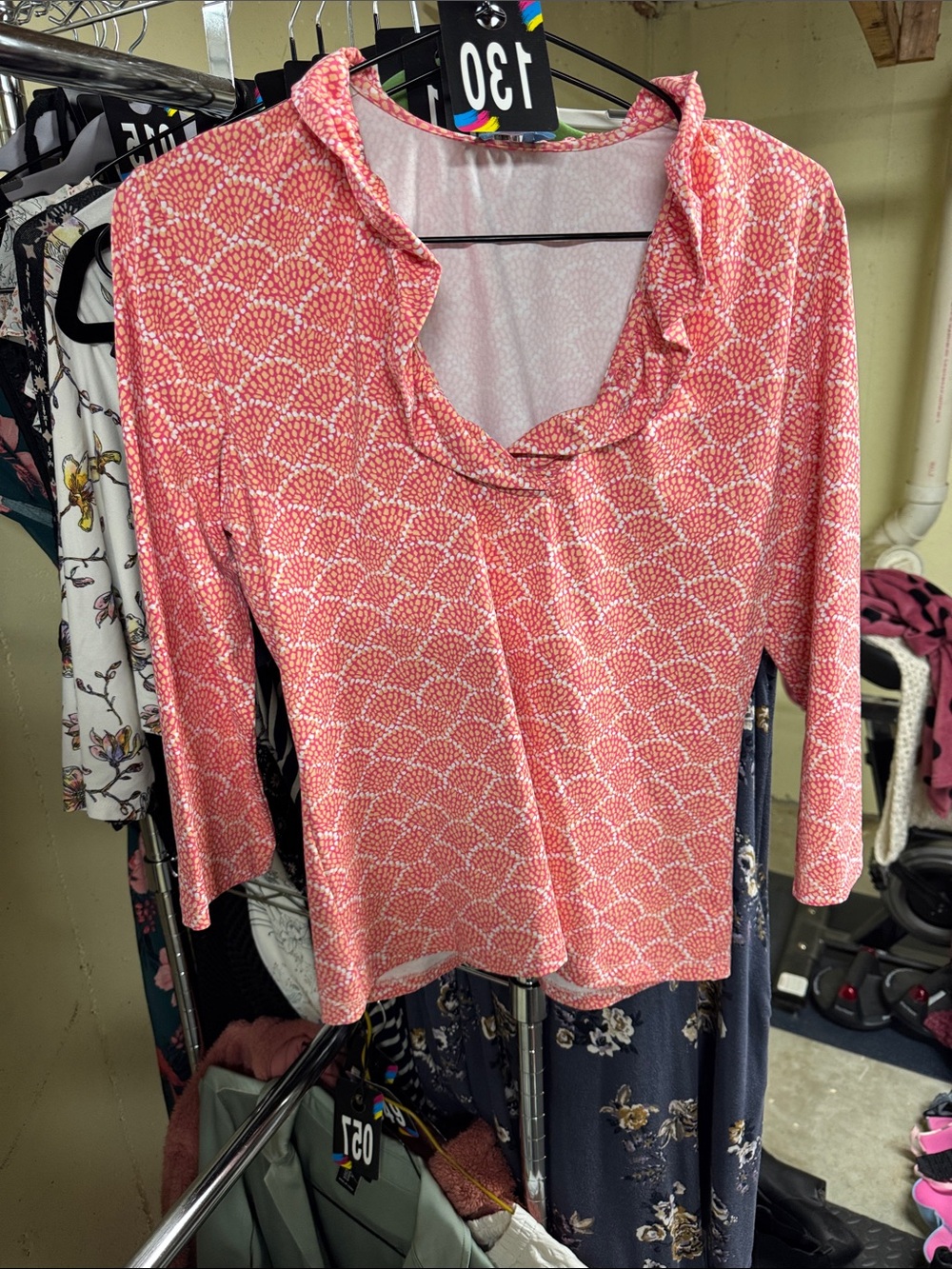 J. McLaughlin Coral-Pink Patterned Long-Sleeve Tee